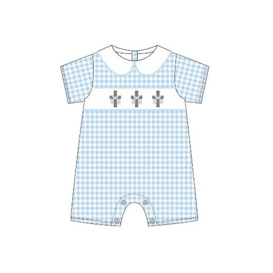 12.15 MOQ:5pcs SR3758 pre-order baby boy clothes cross print toddler boy easter summer romper