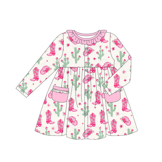 6.16 GLD1063 Baby Girls Long Ruffle Sleeves Pink Boots Cactus Knee Length Dresses Preorder