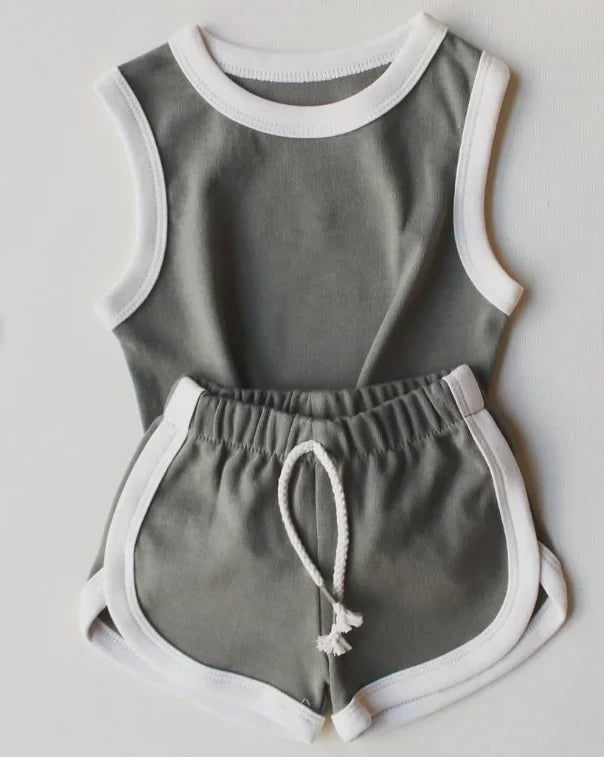 6.18  GSSO2626 Baby Girls Gray Sleeveless Vests Top Sport Shorts Cotton Set Preorder