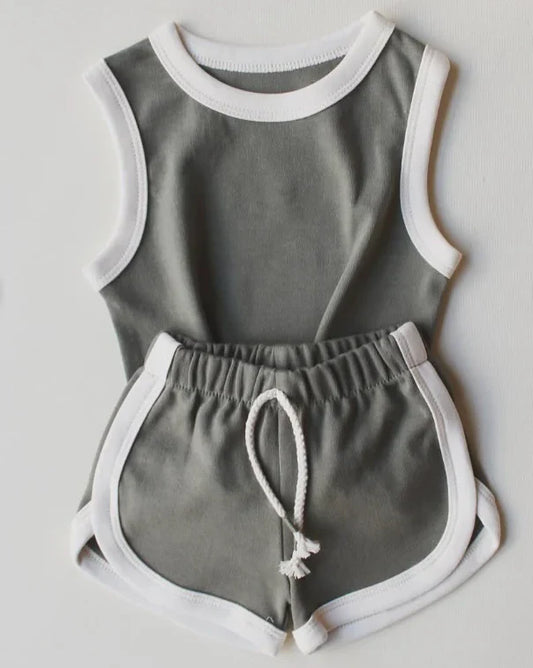 6.18 GSSO2626 Baby Girls Gray Sleeveless Vests Top Sport Shorts Cotton Set Preorder