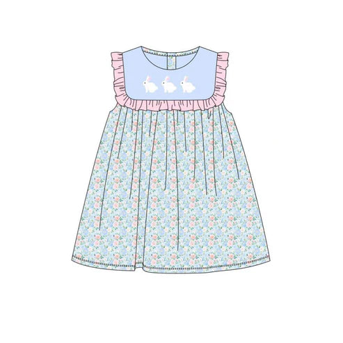 10.21   GSD2861 Baby Girls Blue Sleeveless Rabbits Top Floral Easter Knee Length Dresses Preorder