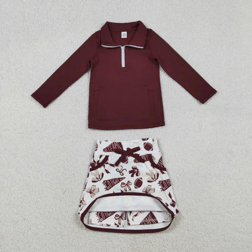12.3 GLD1384 Baby Girls Dark Red Pullovers Bows Footballs Pockets Skorts Go Team Clothes Set