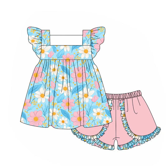 6.12GSSO2650 Baby Girls Blue Flutter Sleeves Daisy Flowers Tunic Pink Ruffle Shorts Set Preorder