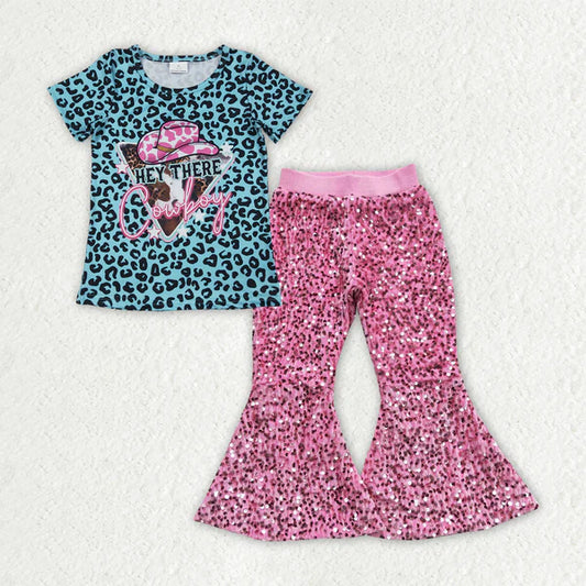 8.2 GT0934+D5-27 Baby Girls Blue Leopard Cowboy Top Pink Sequin Bell Pants Clothes Set