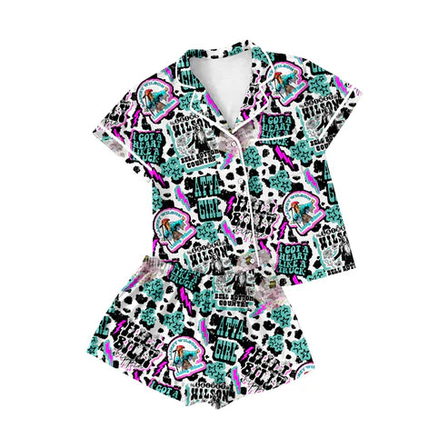 4.9 GSSO2486 Adult Women Cow Print Atta Girl Button Pocket Top Shorts Pajamas Set Preorder