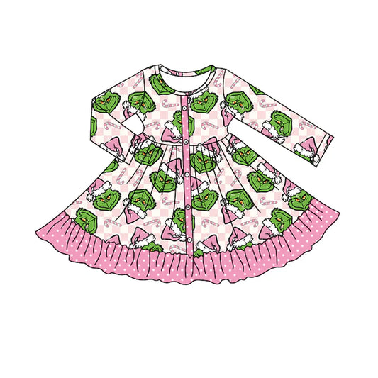 8.23 GLD1273 Baby Girls Grenn Face Button Ruffle Christmas Knee Length Dresses Preorder