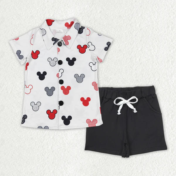 BT0607+SS0137 Baby Boys Cartoon Mouse Lapel Buttons Shirts Cotton Shorts Clothes Set