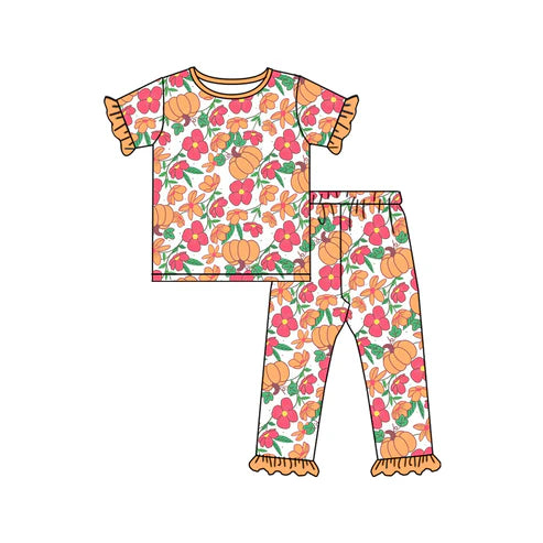 6.18 GSPO2018 Baby Girls Short Ruffle Sleeves Flowers Pumpkins Top Pants Pajamas Set Preorder