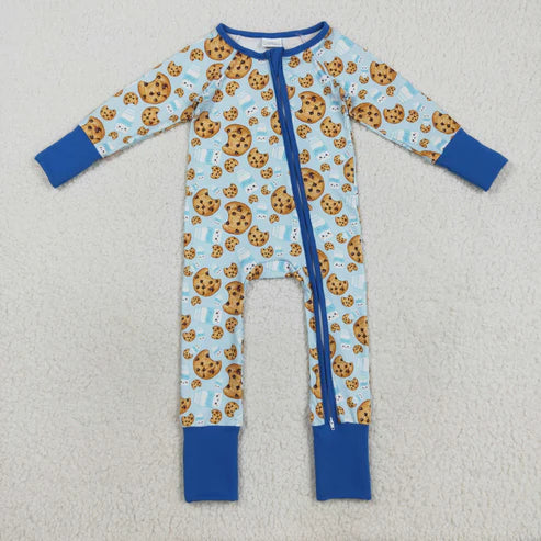 8.13 LR2397 Baby Boys Blue Long Sleeves Milk Cookies Zipper Pant Romper