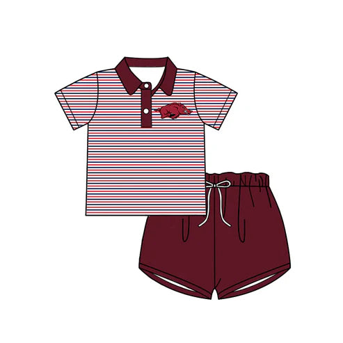 6.21 Custom Moq 3 Baby Boys Short Sleeves Dark Red Stripes Button Bull Top Shorts Team Set