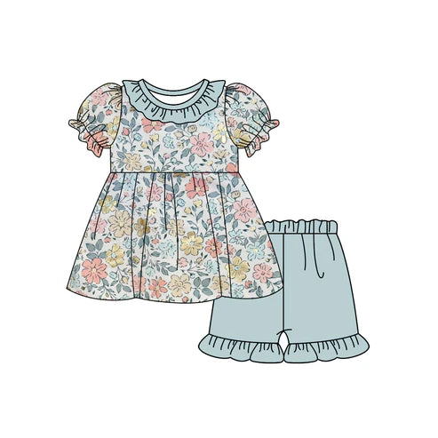 GSSO2300 Baby Girls Green Flowers Tunic Ruffle Shorts Clothes Sets preorder