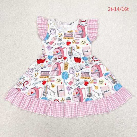 L-3.6 GSD1304 back to school Schoolbag Globe Pink plaid lace flying sleeve dress