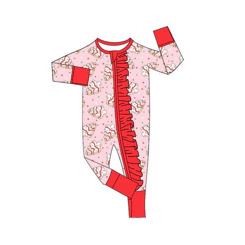 9.2 LR2615 Baby Girls Pink Christmas Trees Stars Zipper Footie Rompers Preorder