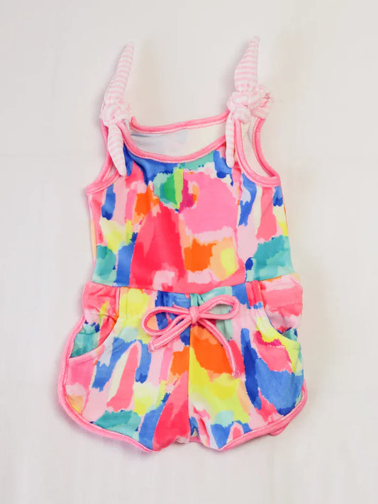 6.13 SR3132 Baby Girls Bow Sleeveless Watercolor Camo Pockets Short Jumpsuits Preorder