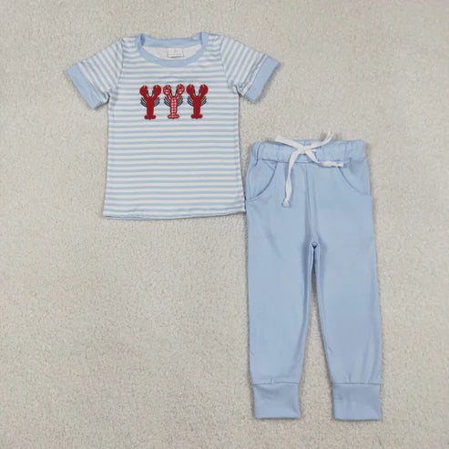 12.19 BSPO0616 Embroidery Crayfishes Baby Boys Blue Stripe Top Pockets Leggings Clothes Set