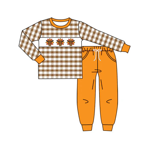 7.28 BLP1186 Baby Boys Orange Plaid Long Sleeves Turkey Top Pockets Legging Pant Set Preorder