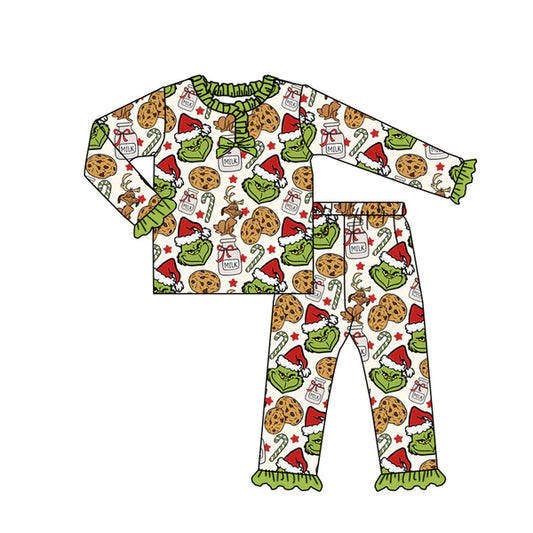 8.27  GLP2740 Baby Girls Green Face Milks Top Pant Christmas Pajamas Set Preorder