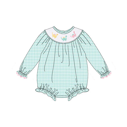 3.25LR2179 Baby Infant Girls Aqua Plaid Long Ruffle Sleeves Dinosaurs Smocked Rompers Preorder
