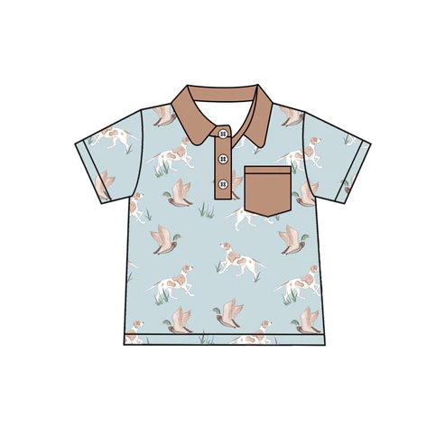 3.21  BT1208 Baby Boys Blue Short Sleeves Ducks Dogs Button Pocket Polo Shirts Top Preorder