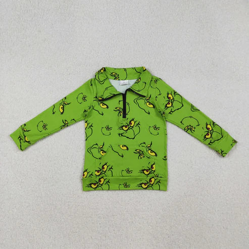 11.1 Mommy&Me Green Face Plaid Pocket Zipper Christmas Pullover Tops