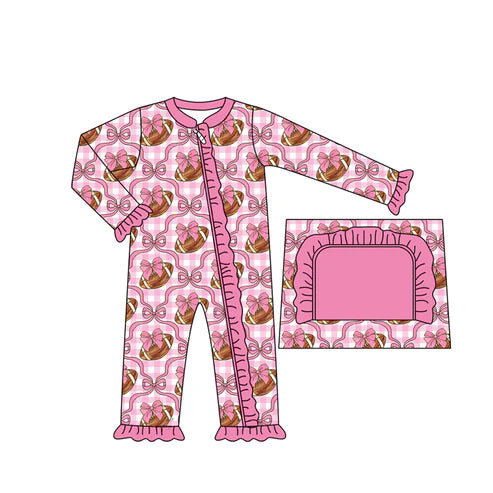 6.27 LR2361 Baby Girls Long Ruffle Sleeves Pink Bows Footballs Zipper Rompers Preorder