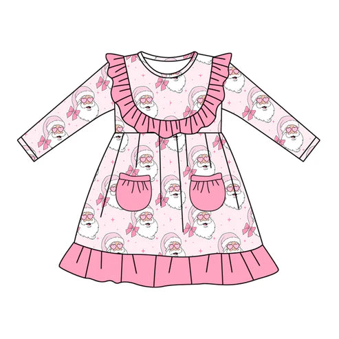5.22 GLD1037 Baby Girls Long Sleeves Pink Santa Bows Knee Length Dresses Preorder