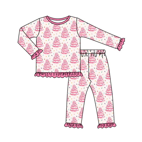 7.26 GLP2623 Baby Girls Long Ruffle Sleeves Christmas Trees Plaid Top Pants Pajamas Set Preorder