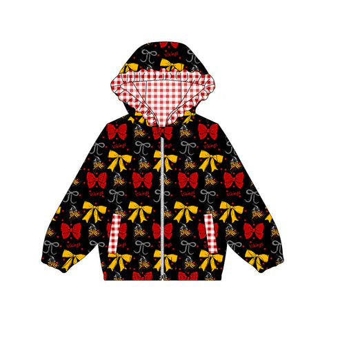9.6 Custom Moq 5 Baby Girls Black Vikings Bows Zip Ruffle Hooded Cardigan Jackets Tops