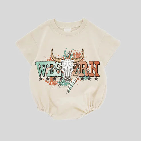 6.13  SR3127 Baby Kids Short Sleeves Western Bull Skull Rompers Preorder