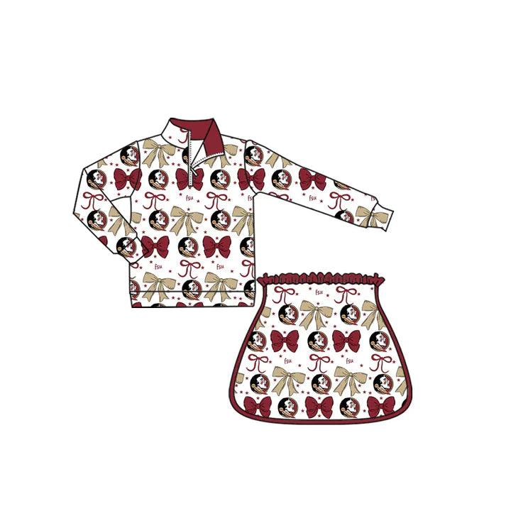 9.5 Custom Moq 5 Baby Girls Red FSU Bows Team Zip Pullovers Skort Team Clothes Sets