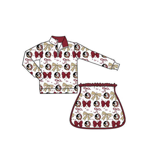 9.5 Custom Moq 5 Baby Girls Red FSU Bows Team Zip Pullovers Skort Team Clothes Sets