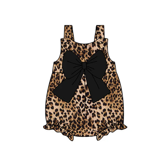 L-3.5 SR2739 Baby Infant Girls Black Leopard Bow Straps Rompers preorder