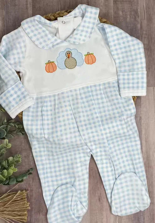8.7 LR2561 Baby Girls Light Blue Plaid Pumpkins Turkey Fall Footed Rompers Preorder