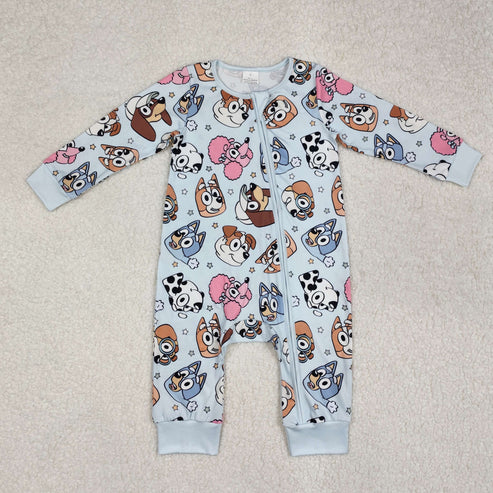 LR2062 Baby Infant Boys Blue Cute Dogs Cartoon Zip Romper