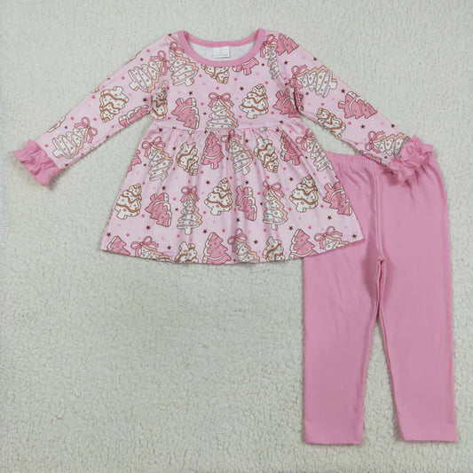 8.15 GLP2471 Baby Girls Long Ruffle Sleeves Pink Bows Christmas Trees Tunic Legging Pant Set