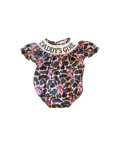 5.22 SR3105 Baby Infant Girls Short Ruffle Sleeves Olive Camo Bows Daddy's Girl Rompers Preorder