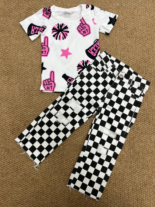 8.2 GT0994+P0122 Baby Girls Cheer Pink Shirt Black Checkered Denim Pants Clothes Set