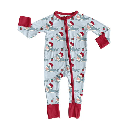 9.2  LR2614 Baby Boys Gifts Whales Plaid Christmas Zipper Footie Rompers Preorder