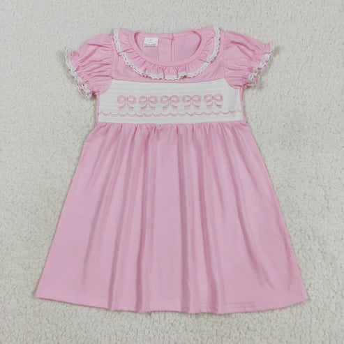 8.12 GSD2718 Embroidery Baby Girls Light Pink Short Ruffle Sleeves Bows Knee Length Dress