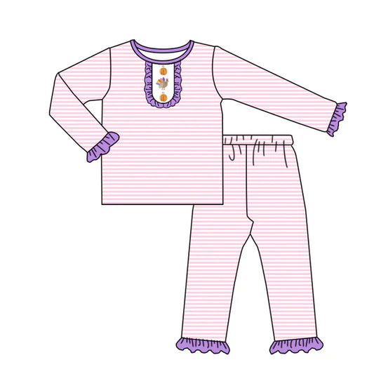 8.2 GLP2659 Baby Girls Turkey Pumpkins Top Ruffle Pants Thanksgiving Pajamas Set Preorder