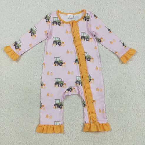 8.13 LR2336 Baby Girls Pink Long Ruffle Sleeves Pumpkins Trucks Zipper Romper