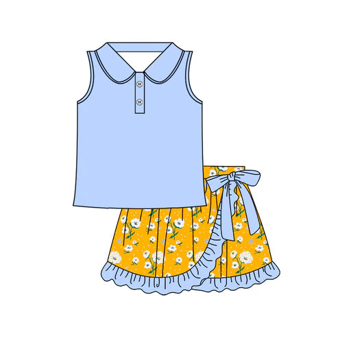 4.10 GSD2366 Baby Girls Blue Sleeveless Button Top Floral Ruffle Skirts Sets Preorder