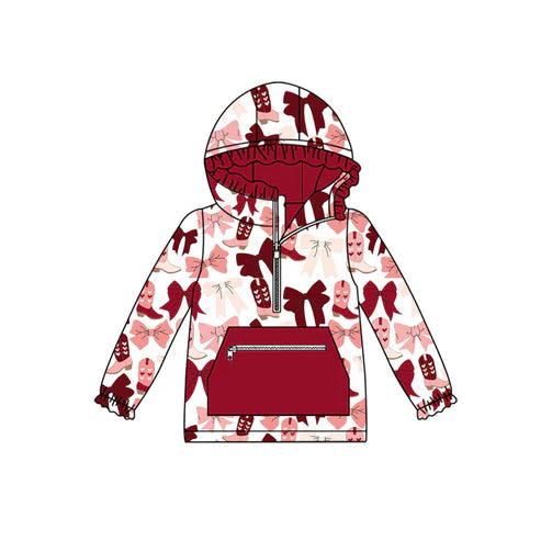 10.10  Custom Moq 5 Baby Girls Red Pink Bows Boots Pockets Zipper Valentine Ruffle Hoodies Top