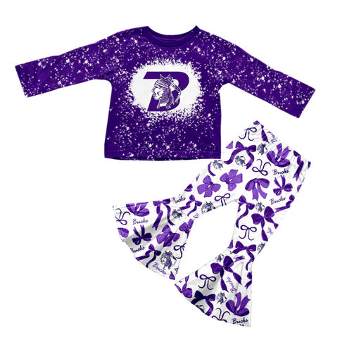 10.10 Custom Moq 5 Baby Girls Purple Bucks Top Team Bows Bell Bottom Pants Sets