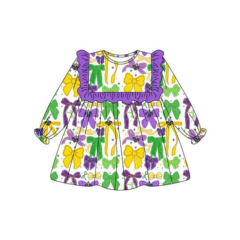 9.19  GLD1308 Baby Girls Purple Yellow Green Bows Mardi Gras Knee Length Dresses Preorder