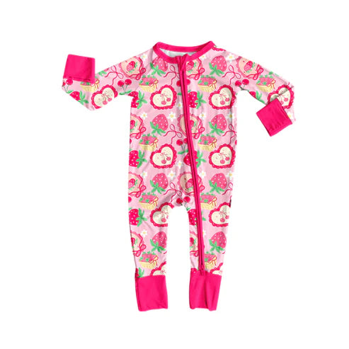 10.2 LR2743 Baby Girls Pink Bows Strawberry Flowers Zipper Footie Rompers Preorder