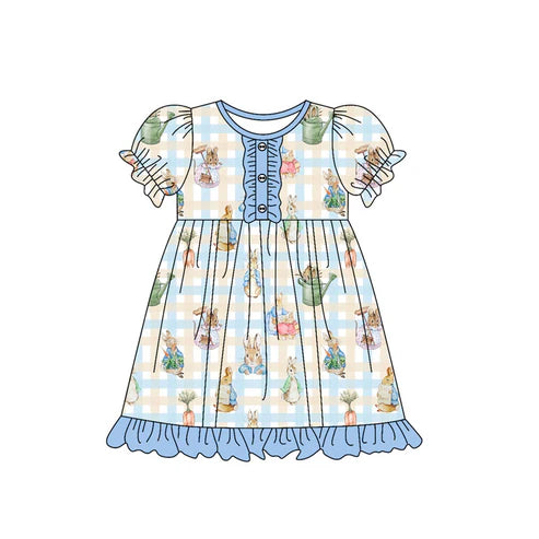 10.1 GSD2847 Baby Girls Blue Checked Rabbits Easter Button Ruffle Knee Length Dresses Preorder