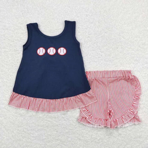 6.17 GSSO0405 Embroidered baseball navy blue sleeveless red and white striped shorts set