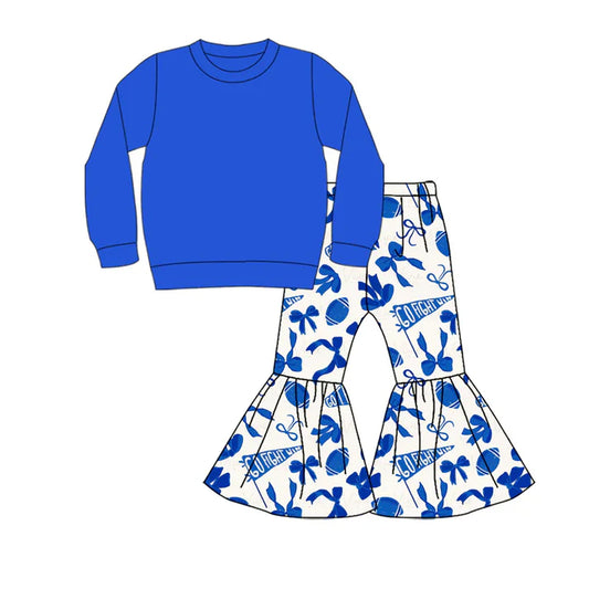 9.5 Custom Moq 5 Baby Girls Blue Top Team Cheer Go Fight With Flag Bows Bell Bottom Pants Sets
