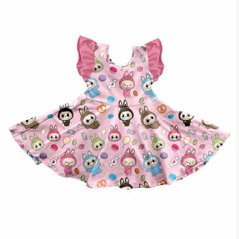 6.21 Custom Moq 3 Baby Girls Pink Rabbit Flutter Sleeve Twirl Knee Length Dresses